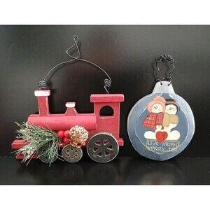 Set of 2 Wood Christmas Ornaments Choo Choo Train Holiday Tree Decorations